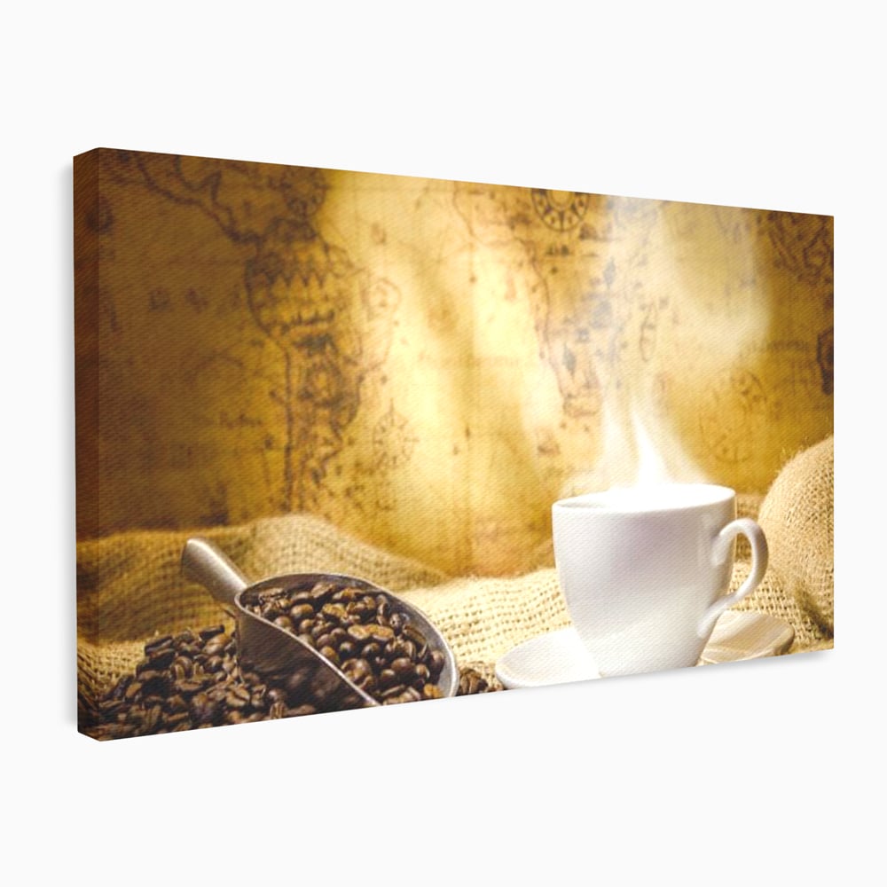 Tablou canvas cu ceasca de cafea cu boabe pe sac de iuta, fara rama, pe sasiu de lemn